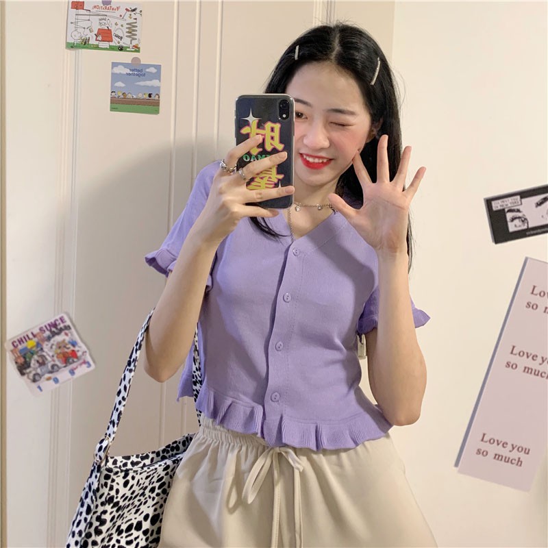 Áo Thun Dệt Kim Cổ Chữ V Phối Bèo Thời Trang Mùa Hè Cho Nữ