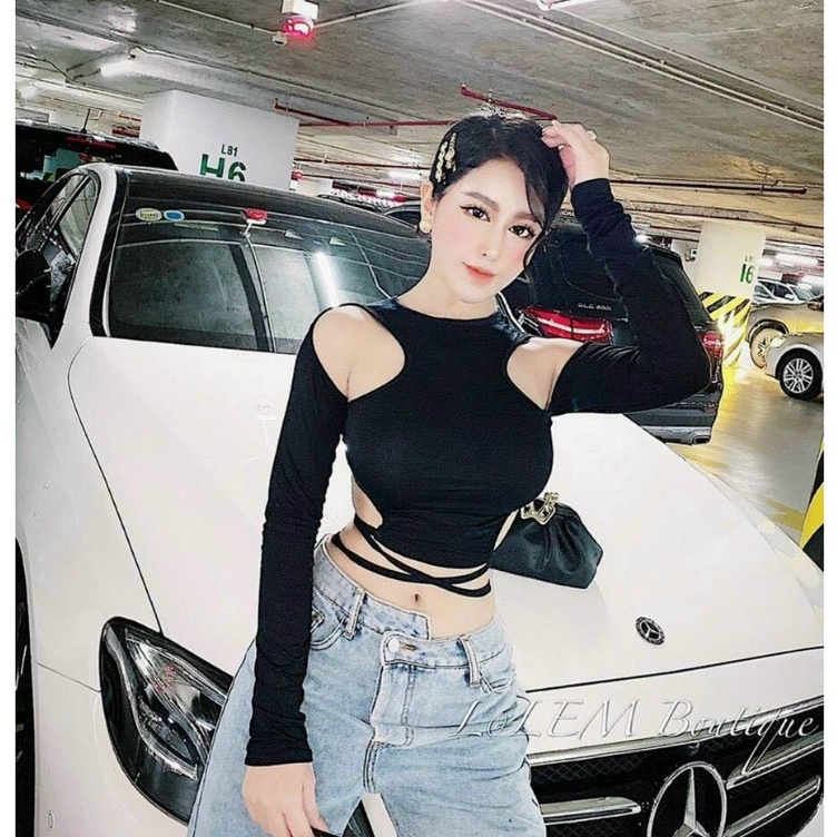 áo khoét hở vai đan dây bụng siêu hot chất mềm