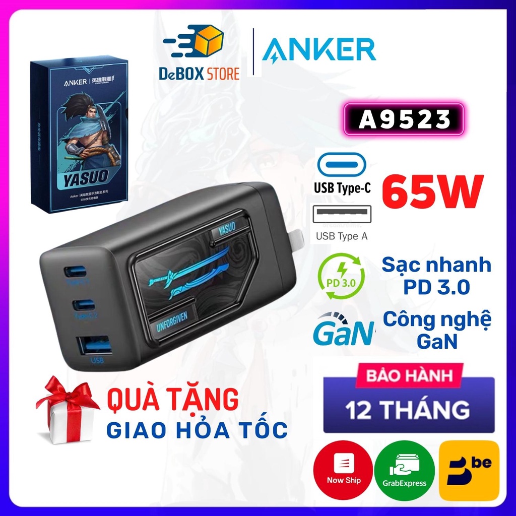 Củ sạc nhanh Anker 65W A9523 A9521 Liên Minh Huyền Thoại  PPS, QC3.0, PD20w, PD30W - Chính Hãng