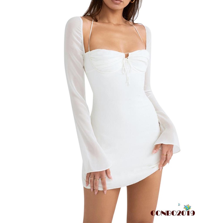 Đầm Tay Dài Phối Lưới Xuyên Thấu Màu Trơn Thời Trang Mùa Hè Cho Nữ