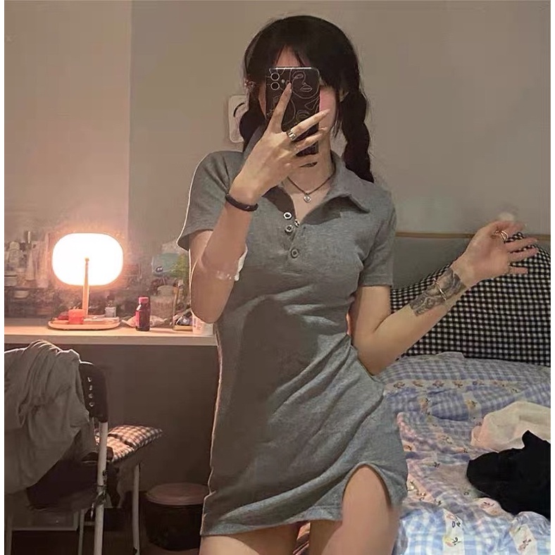 ĐẦM BODY CỔ POLO XẺ ĐÙI LEN GÂN