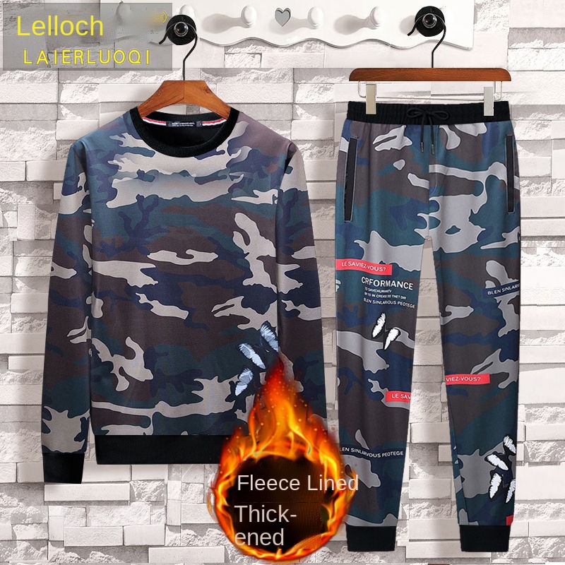 Bộ đồ hai món vải nhung dáng rộng in họa tiết thời trang thu đông cho nam và nữ