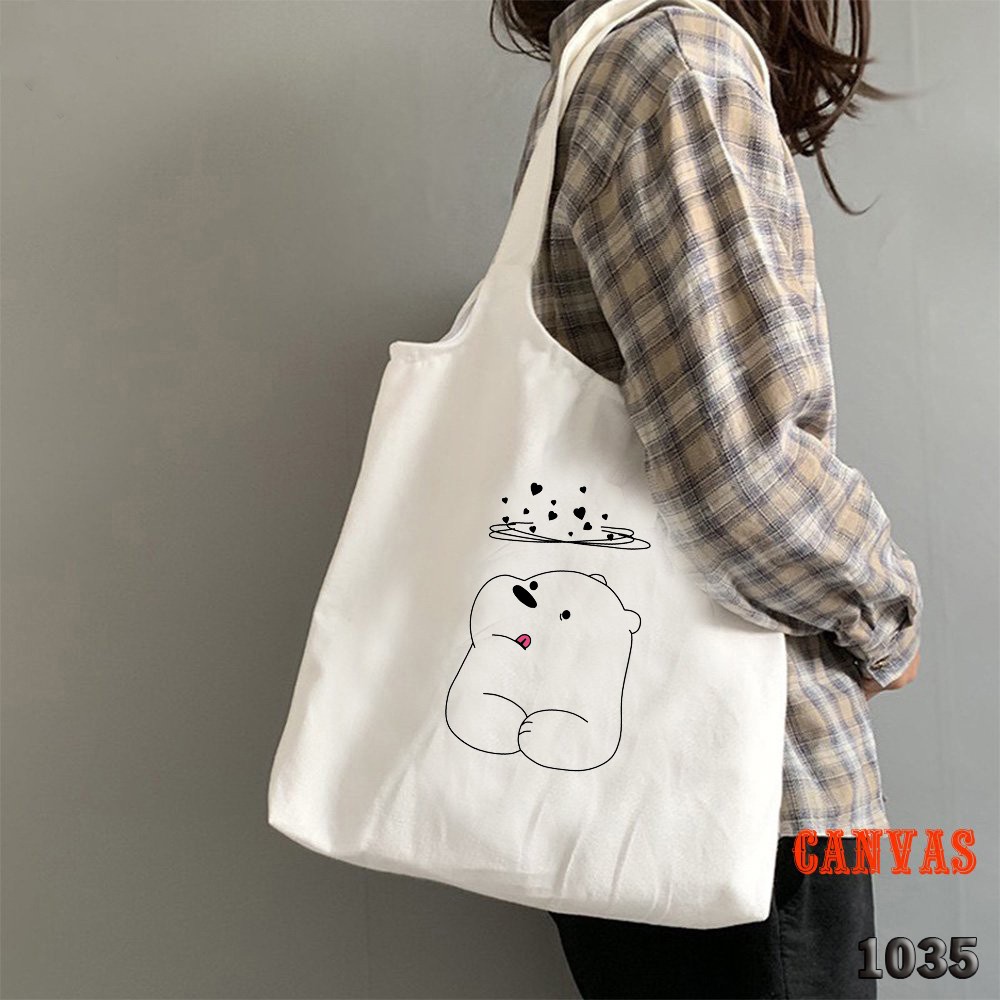 Túi Tote Trắng Chất Vải Canvas 1035 Chú Gấu Tim Xoay Vòng Dễ Thương Hàng Chuẩn Đẹp - Hazo