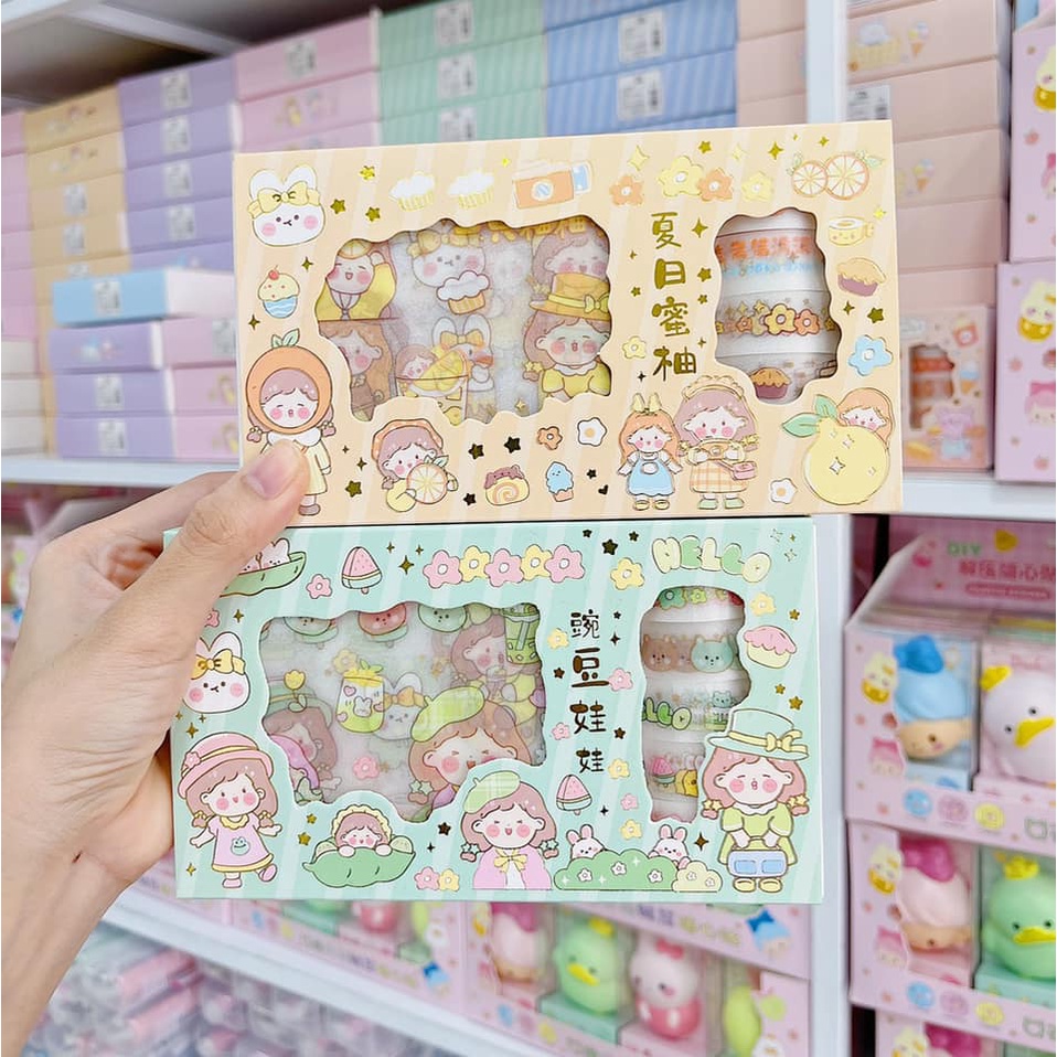 Hộp 10 washi tape + 10 sticker hình dán dễ thương