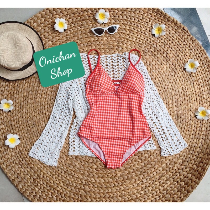 Bikini 1 Mảnh Caro Phối Dây Lưng Hai Màu, Bodysuit Đồ Bơi Đi Biển Cổ V Hai Dây [Ảnh Chụp Thật]  - OS073