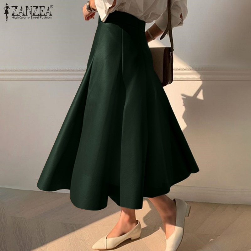 Chân váy nữ midi ZANZEA màu trơn lưng cao dáng chữ A thiết kế thời trang thanh lịch