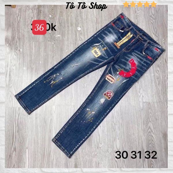 Quần Jean Nam co giãn màu xanh phối thêu họa tiết, Quần bò nam cao cấp chất jean mịn sịn thời trang Tô Tồ Shop - MQ36