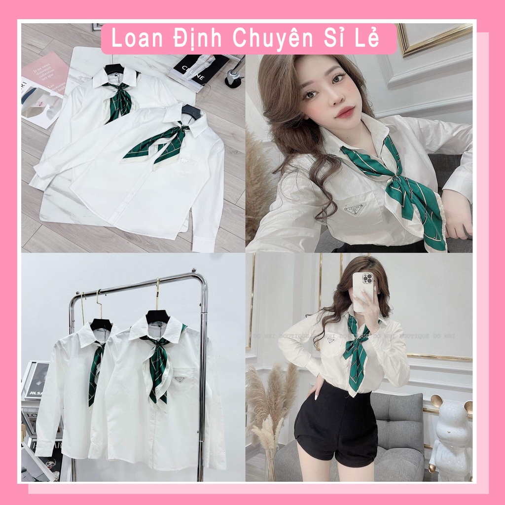 ﺴ☜Áo sơ mi nữ Para kèm khăn quàng cổ xanh dài tay