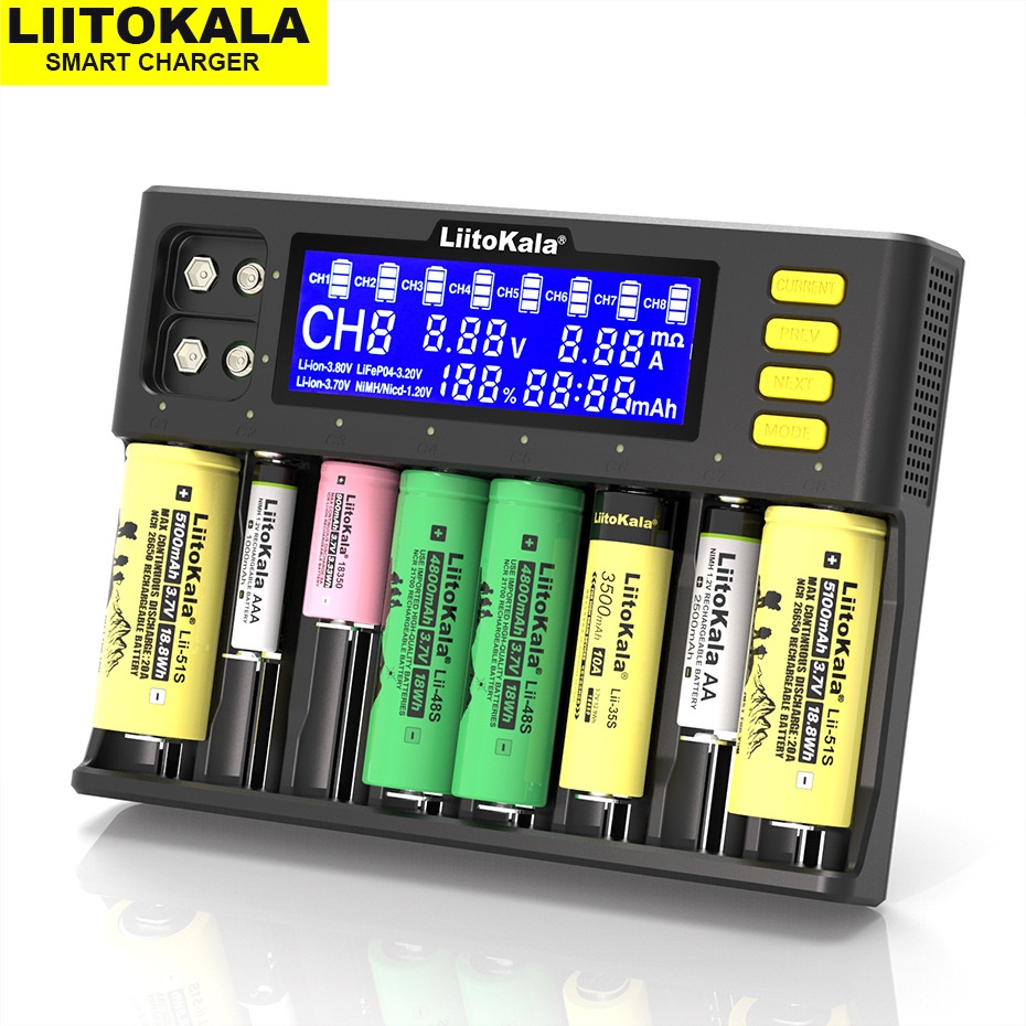 Bộ sạc pin Liitokala Lii-S8 Li-Ion 3.7v Nimh 1.2v Li-Fepo4 3.2v dành cho pin 9V 18650 26650 21700 26700 AA AAA...