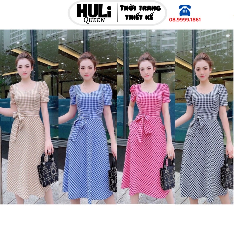 Váy kẻ cổ vuông thắt lơ , đầm công sở dự tiệc thời trang thiết kế cao cấp Q003