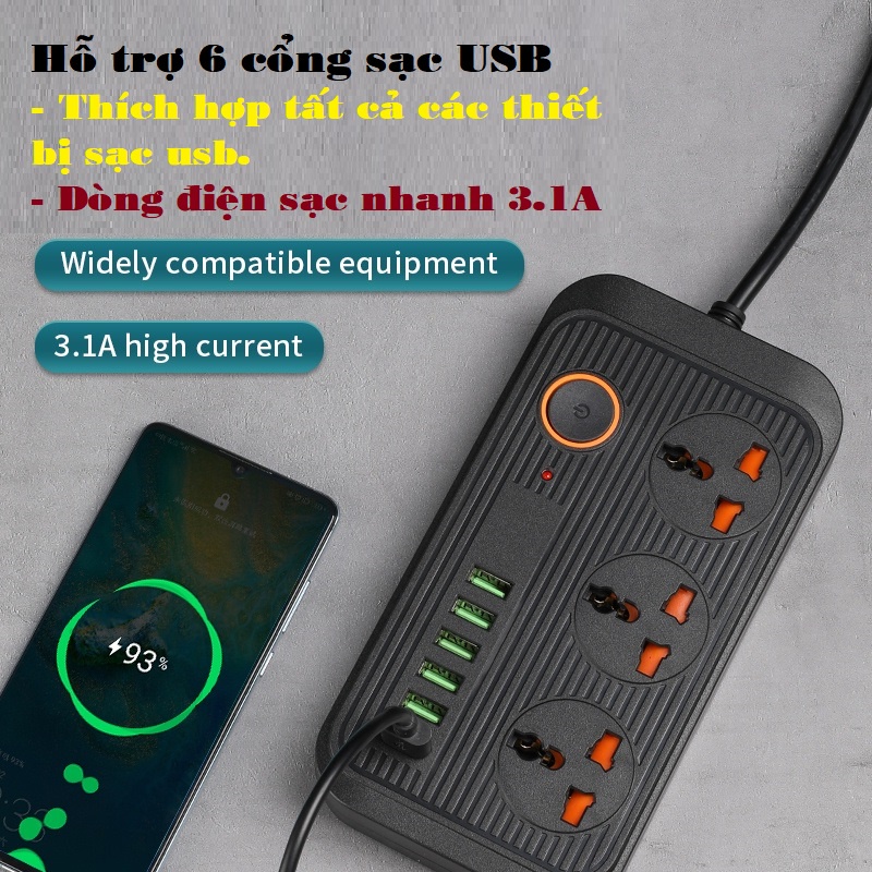 Ổ điện đa năng thông minh 6 cổng USB làm từ vật liệu chống cháy nổ an toàn tuyệt đối, Công tắc an toàn, dây dài 2m