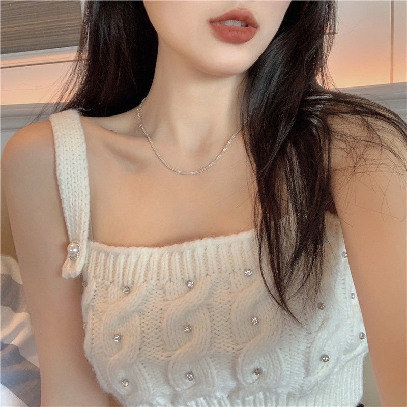 Áo dệt kim hai dây dáng ngắn ôm màu trắng đính đá thời trang mùa hè cho nữ