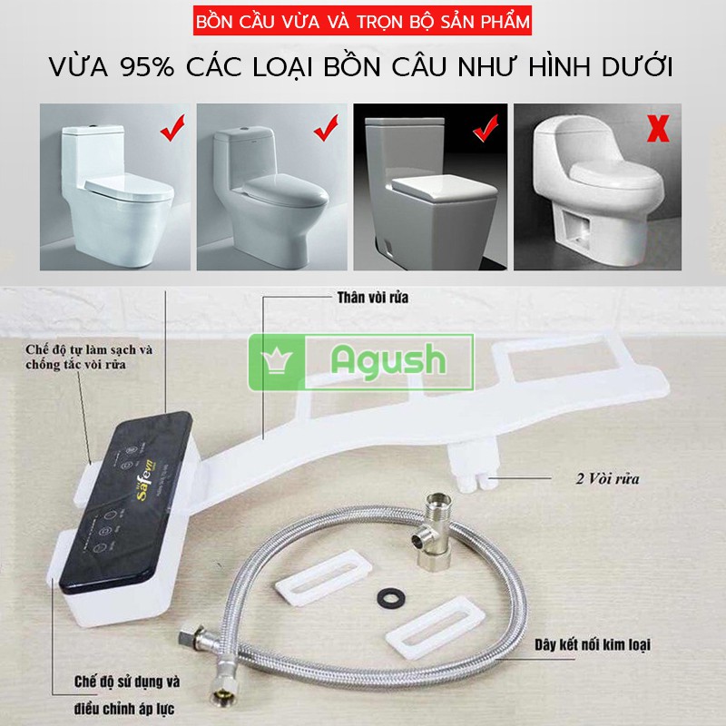 Thiết bị xịt rửa vệ sinh thông minh SAFEVN Bidet SF-388 gắn vừa 95% bồn cầu toilet dạng cơ 2 vòi xịt hậu môn, phụ nữ