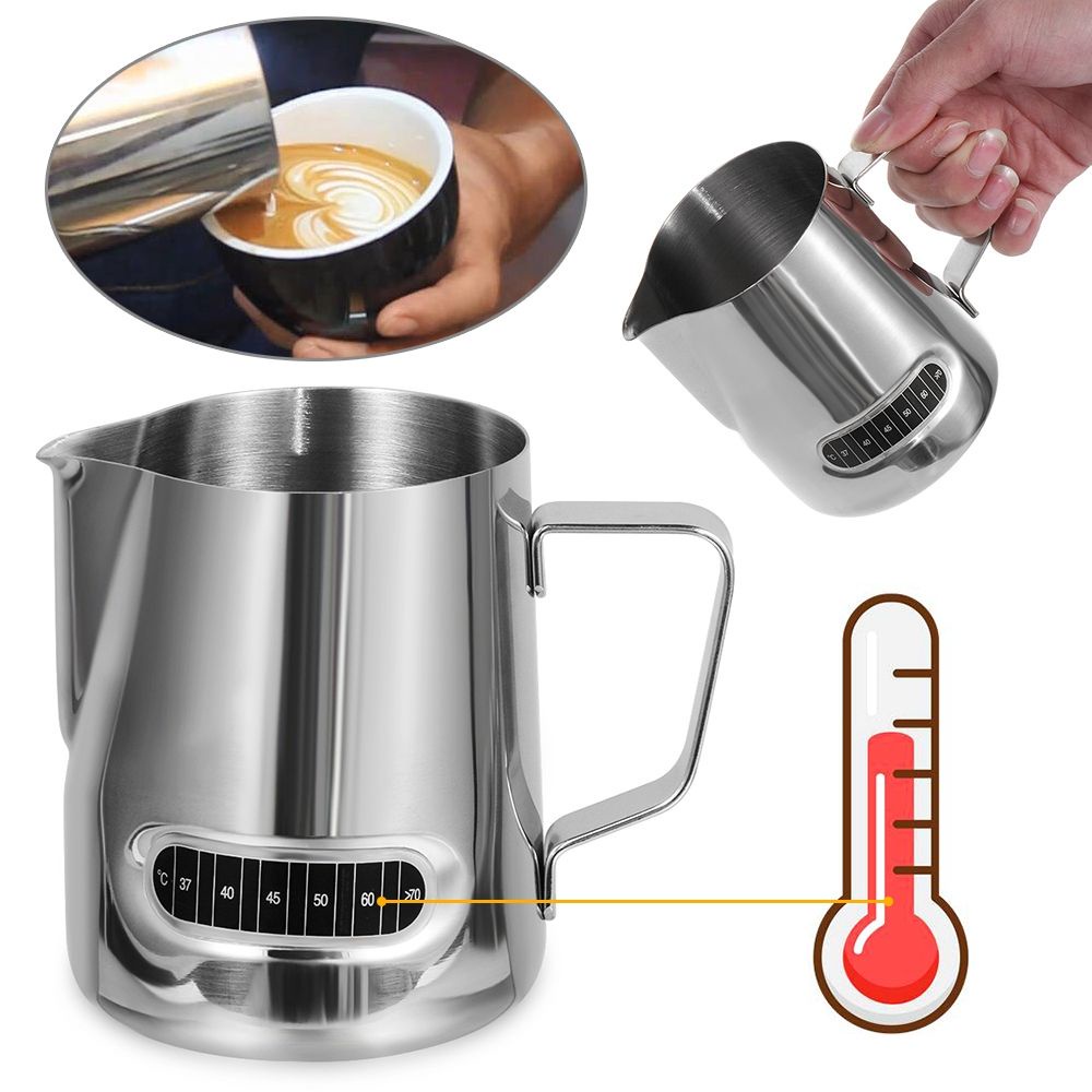 Cốc đánh sữa cà phê / latte bằng thép không gỉ có nhiệt kế dung tích 600ml dùng để pha chế an toàn tiện dụng