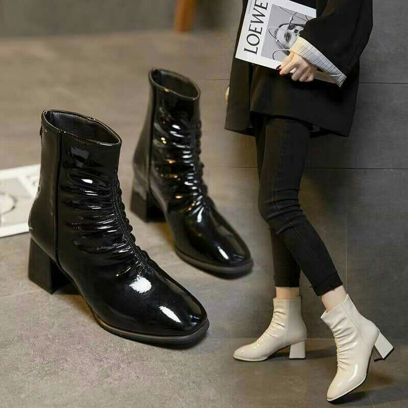 Bốt nhăn da bóng đế vuông cao 5 phân và 7 phân | BigBuy360 - bigbuy360.vn