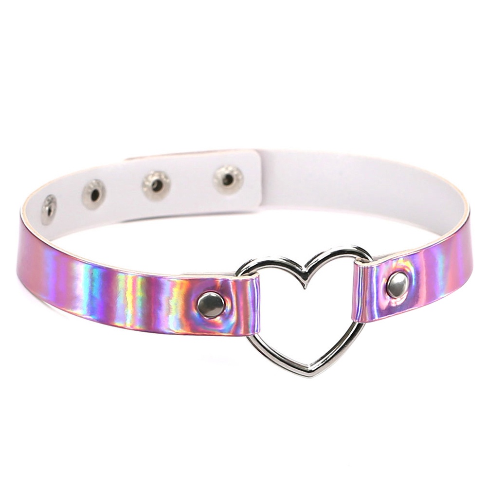 Vòng Cổ Choker Da Nhân Tạo Màu Hologram Mặt Trái Tim Kim Loại Cho Nữ