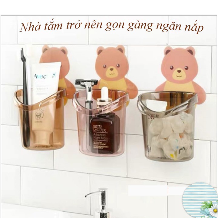 Cốc Gấu Dán Tường Phòng Tắm, Cốc Đựng Bàn Chải, Kem Đánh Răng Cute Hình Gấu Gắn Tường Có Lỗ Thoát Nước Tiện Lợi