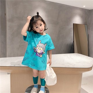 Đầm thun tay ngắn họa tiết in hoạt hình dễ thương thời trang mùa hè dành cho bé gái