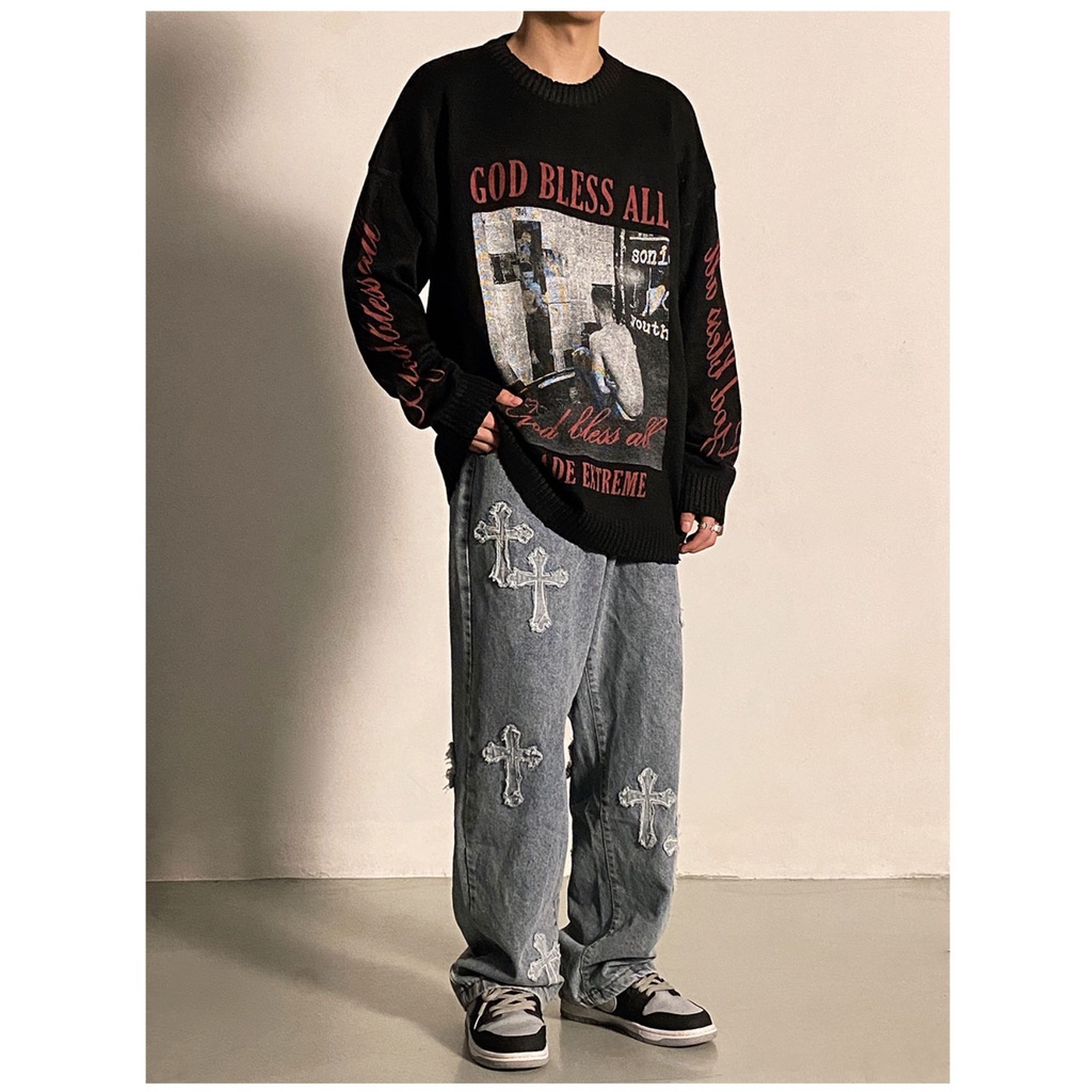 ♞AFF LIGA♞ Quần jean ống rộng thêu họa tiết phong cách hiphop thời trang đường phố năng động