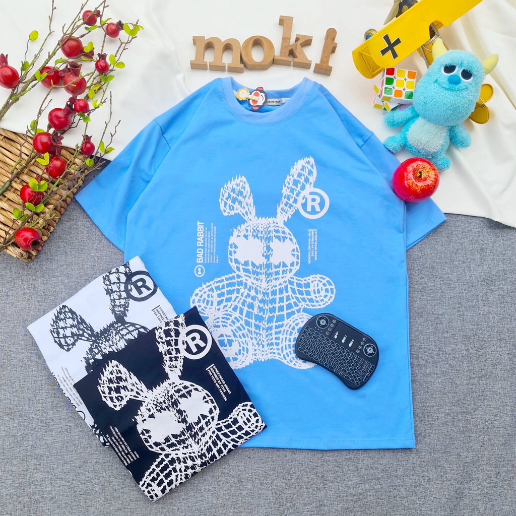 Áo phông áo thun nam nữ tay lỡ from rộng freesize chất cotton thoáng mát in thỏ lưới xung quanh mokishop