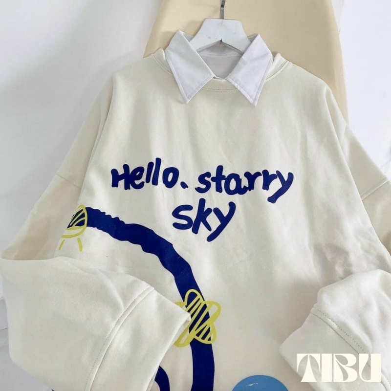 Áo sweater nữ cổ tròn in chữ Hello Starry, áo hoodie nỉ form rộng phong cách ulzzang Hàn Quốc