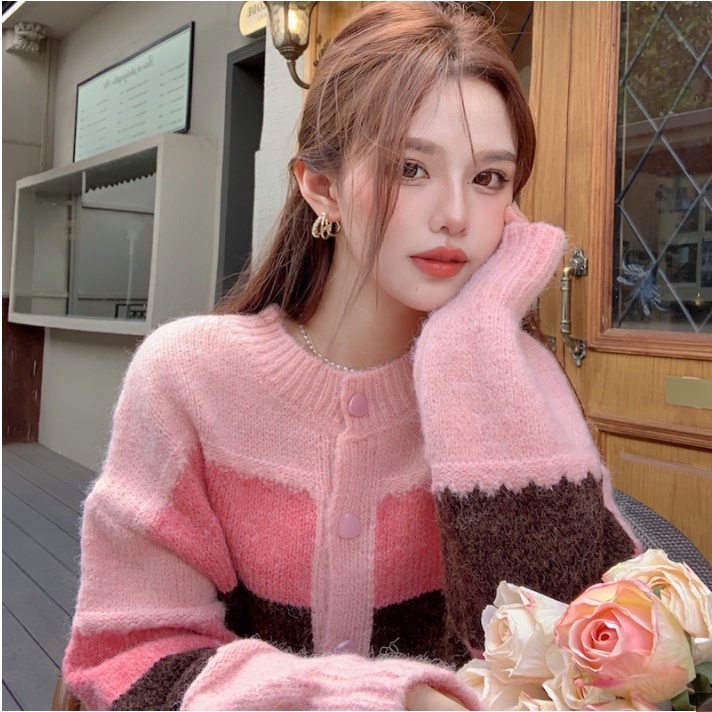 Áo Khoác Cardigan Nữ Dài Tay Dễ Thương Phong Cách Hàn Quốc,Aó len nữ Màu Hồng Form Suông Chất Dày