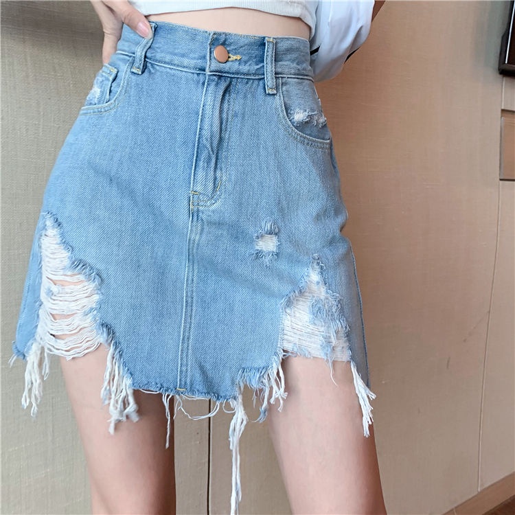 COZOK Chân váy jean Lưng Cao Phối Rách Hợp Thời Trang Cho Nữ