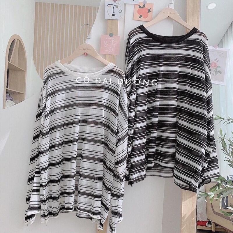 Áo Len Kẻ tay Loe Fom rộng dễ mặc