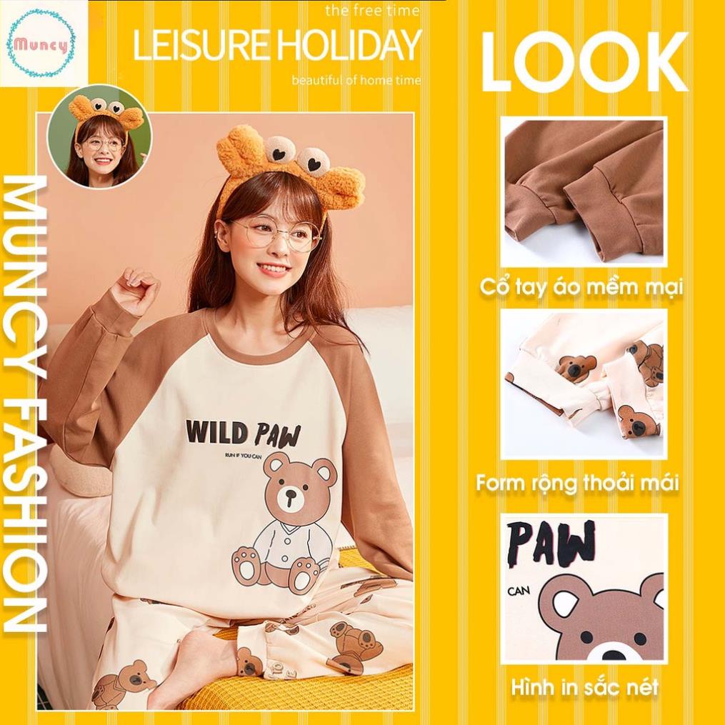 Bộ Ngủ Pijama Cotton Cao Cấp Nhập Khẩu Pháp Cho Nữ Mùa Đông Gấu Nâu Cute