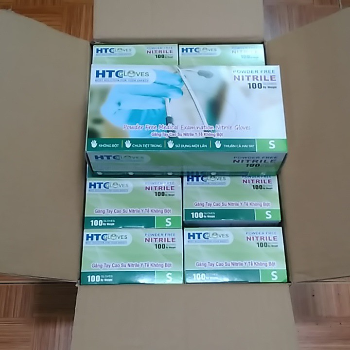 Thùng 10 hộp Găng Tay ( bao tay ) Cao Su Y Tế Không Bôt  HTC Glove hộp 100 cái màu xanh