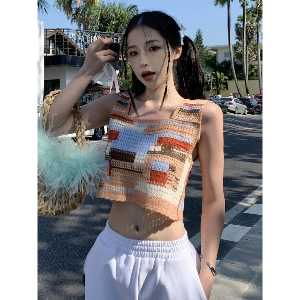 Áo Dệt Kim Sát Nách Dáng Ngắn Màu Sắc Tương Phản Thời Trang Mùa Hè 62159