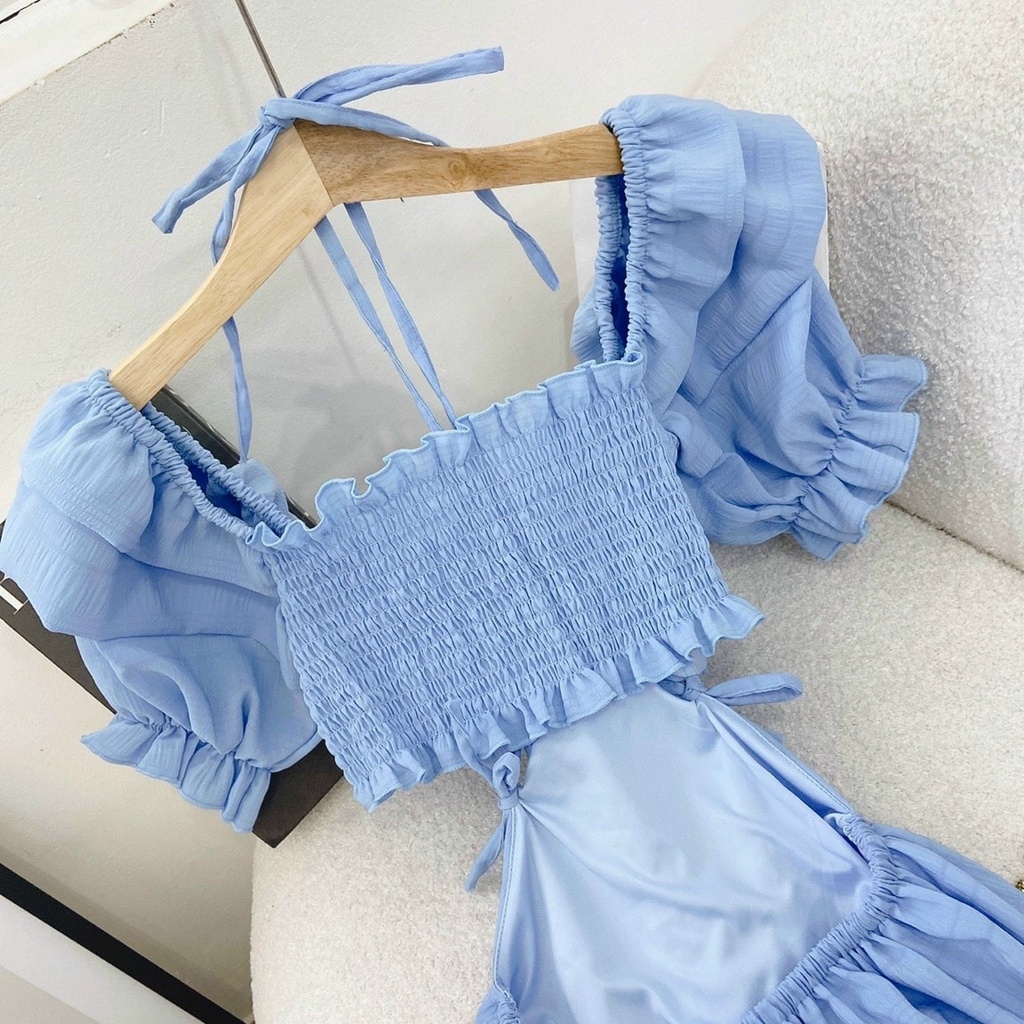 Đầm maxi xanh cutout lưng tay tiên viền bèo màu trắng/xanh lá/xanh dương NÀNG CLOSET