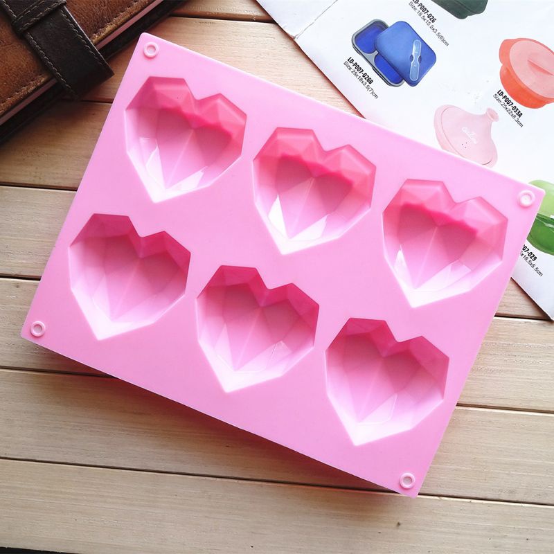 Khuôn Silicone Làm Bánh / Xà Phòng 6 Ngăn Hình Trái Tim / Kim Cương 3d