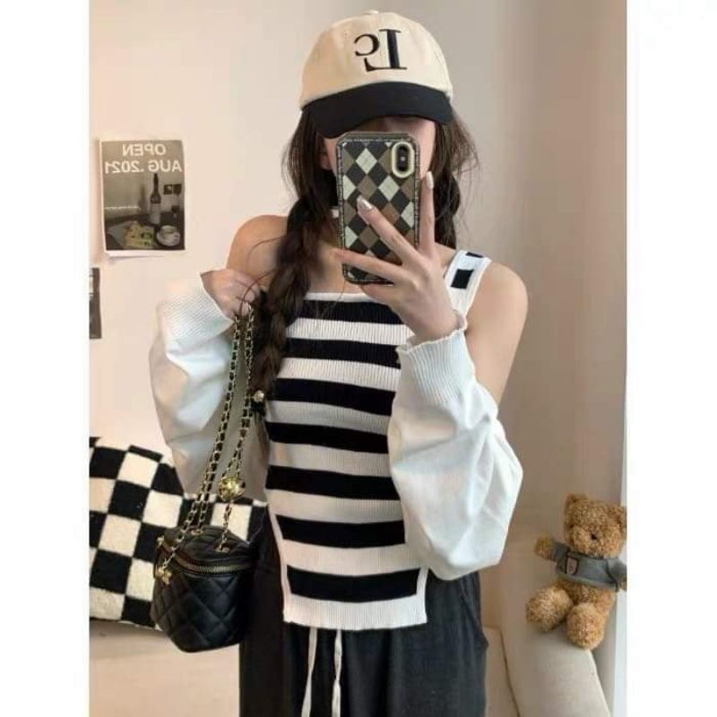 Sét áo len kẻ lệch vai mix áo khoác mỏng hàng QC