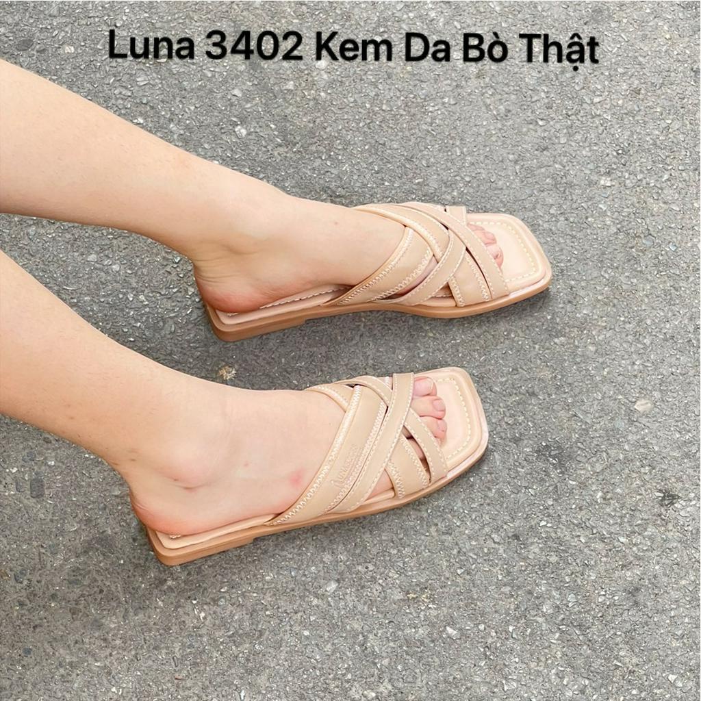 Dép quai chéo nữ đế bệt LUNASHOES 3402 da bò mềm mũi hở êm chân