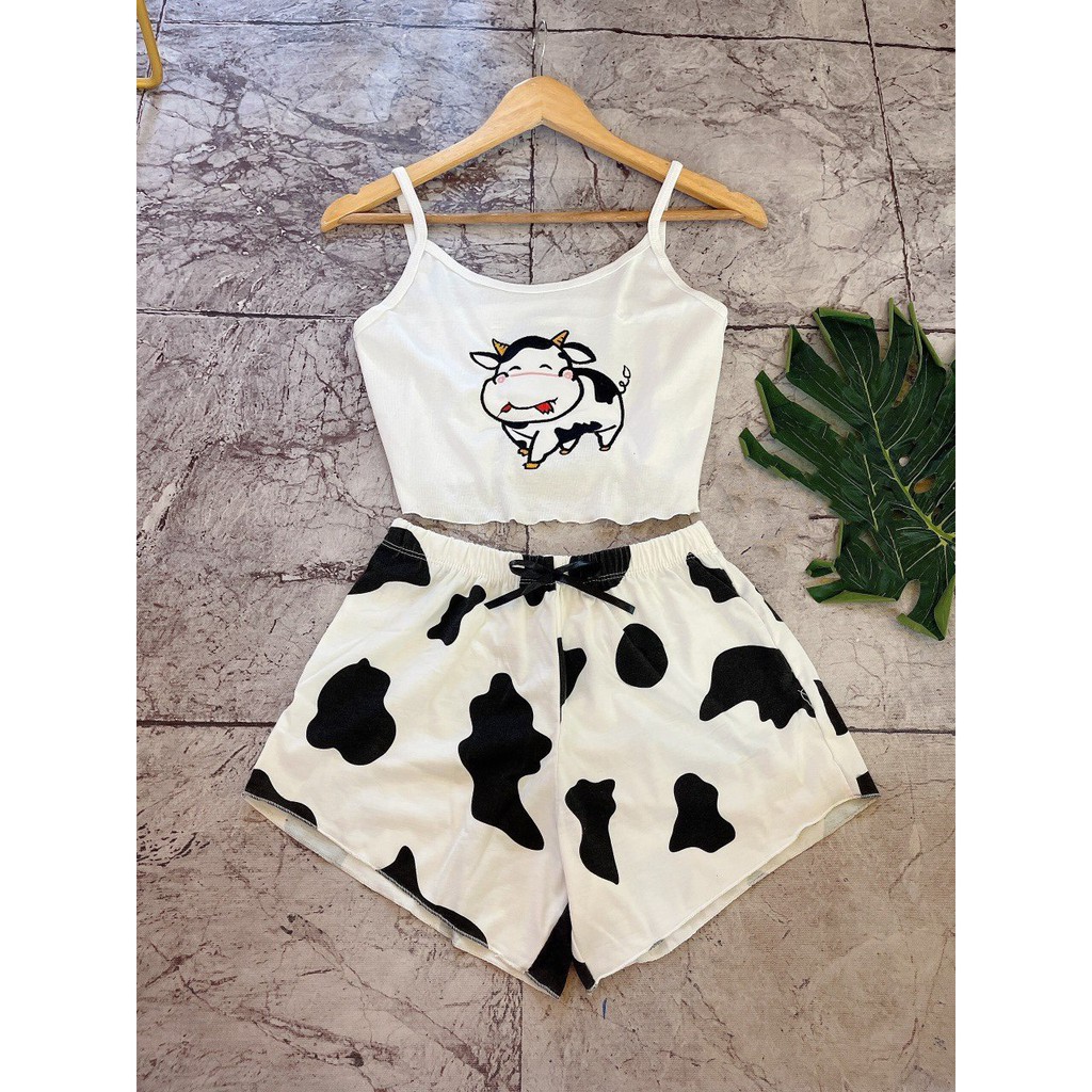 Set Bò Sữa hottrend MUNMUNSTORE vải đũi mềm mịn, dày dặn - logo bò thêu đẹp (ảnh+ video thật)