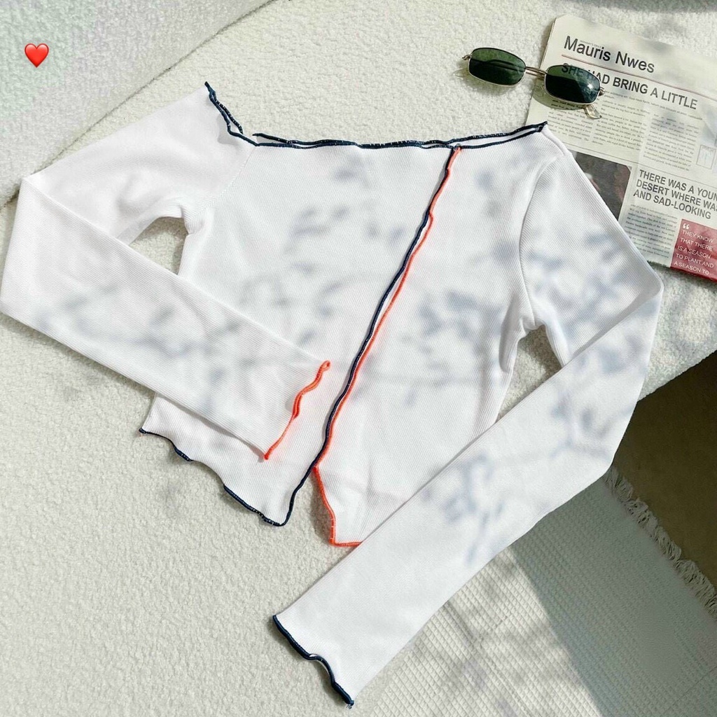 ÁO THUN CROPTOP TAY DÀI LỆCH VAI 1 BÊN PHỐI VIỀN, XẺ TÀ TRƯỚC SIÊU XINH FSHP8