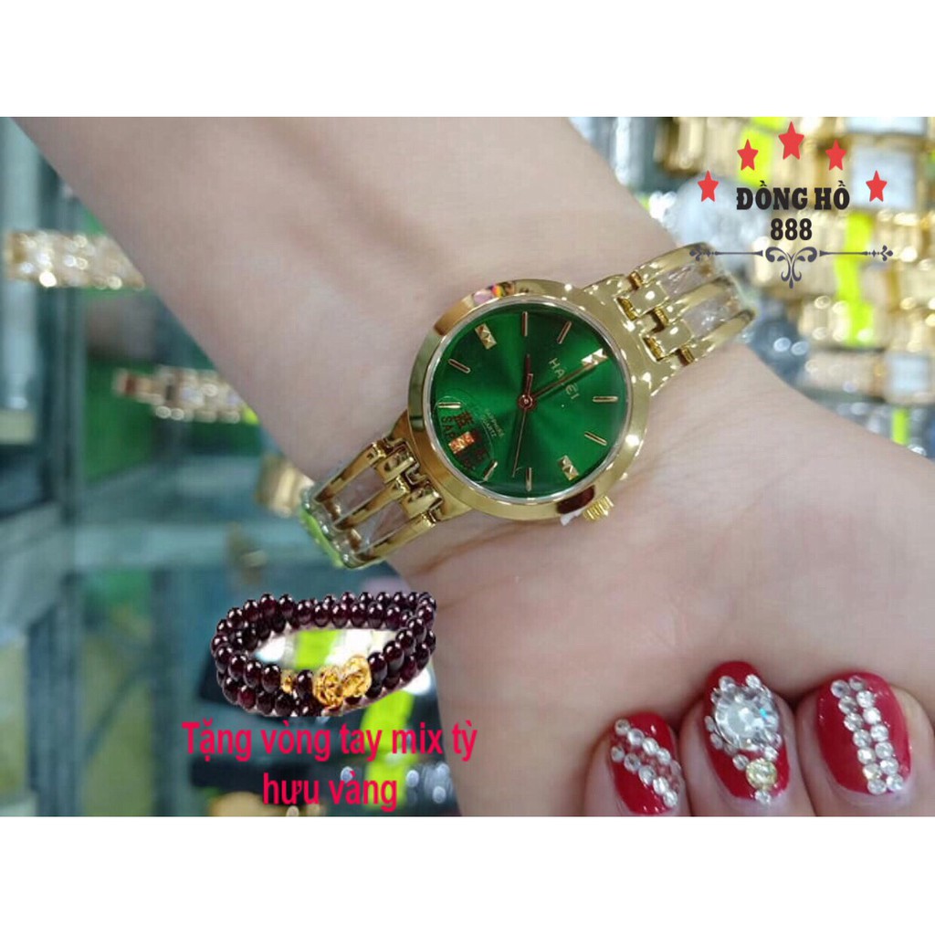 Đồng hồ Nữ Halei máy Nhật chính hãng mặt saphia tròn 25mm dáng lắc dây thép vàng mặt xanh lá chống gỉ chống nước | BigBuy360 - bigbuy360.vn