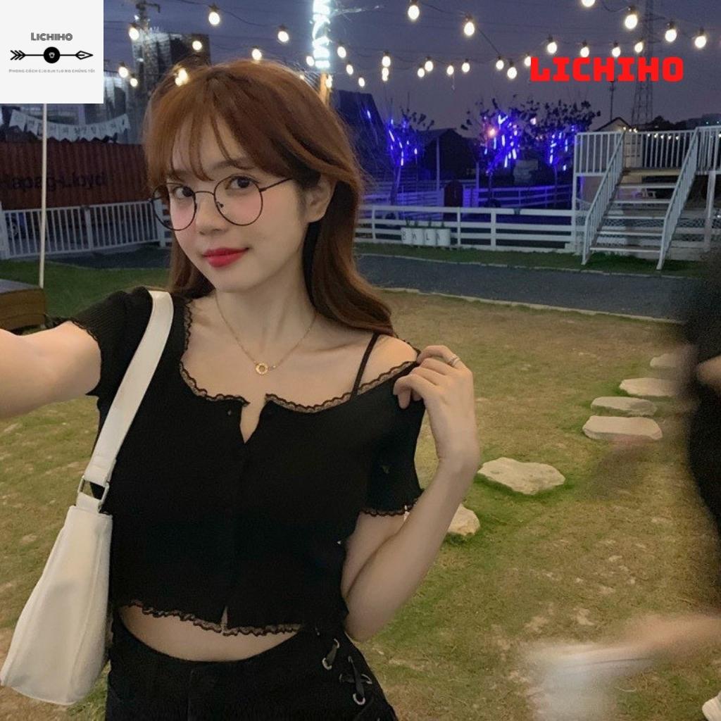 Áo croptop tay ngắn cổ vuông viền ren CT05 LICHHO ôm body gợi cảm quyến rủ co giản tốt | BigBuy360 - bigbuy360.vn