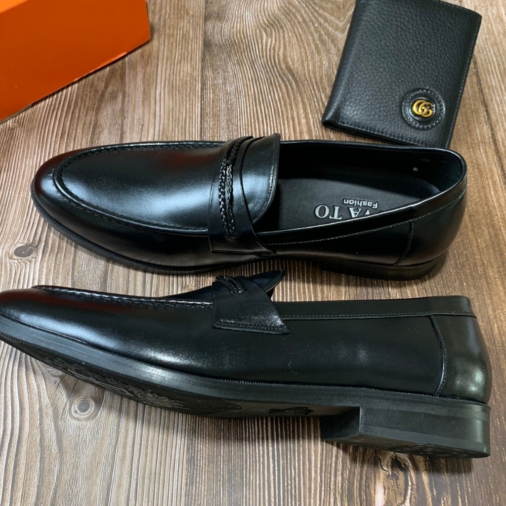 Giày tây công sở nam da bò nguyên tấm đai dệp đen trơn