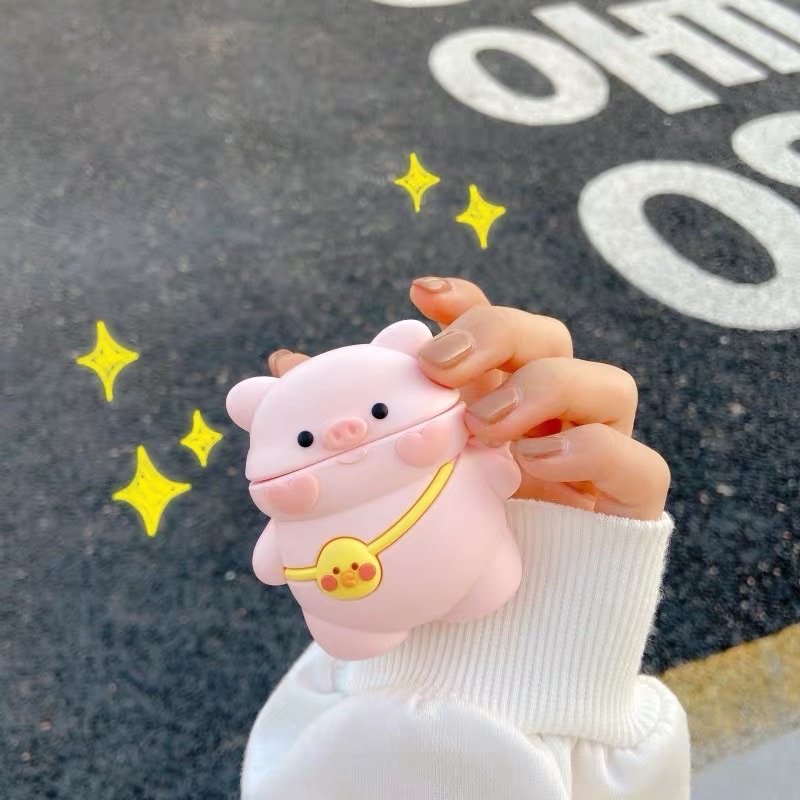 Vỏ bảo vệ tai nghe bluetooth Airpods bằng Sillicone dẻo, ốp Case cute, Airpods 2/pro NUTACASE HEO BALO HỒNG XINH