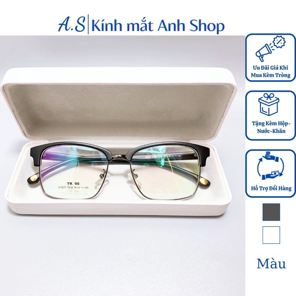 Gọng kính vuông to thời trang nam nữ khung kính kim loại càng kính nhựa dẻo 2671