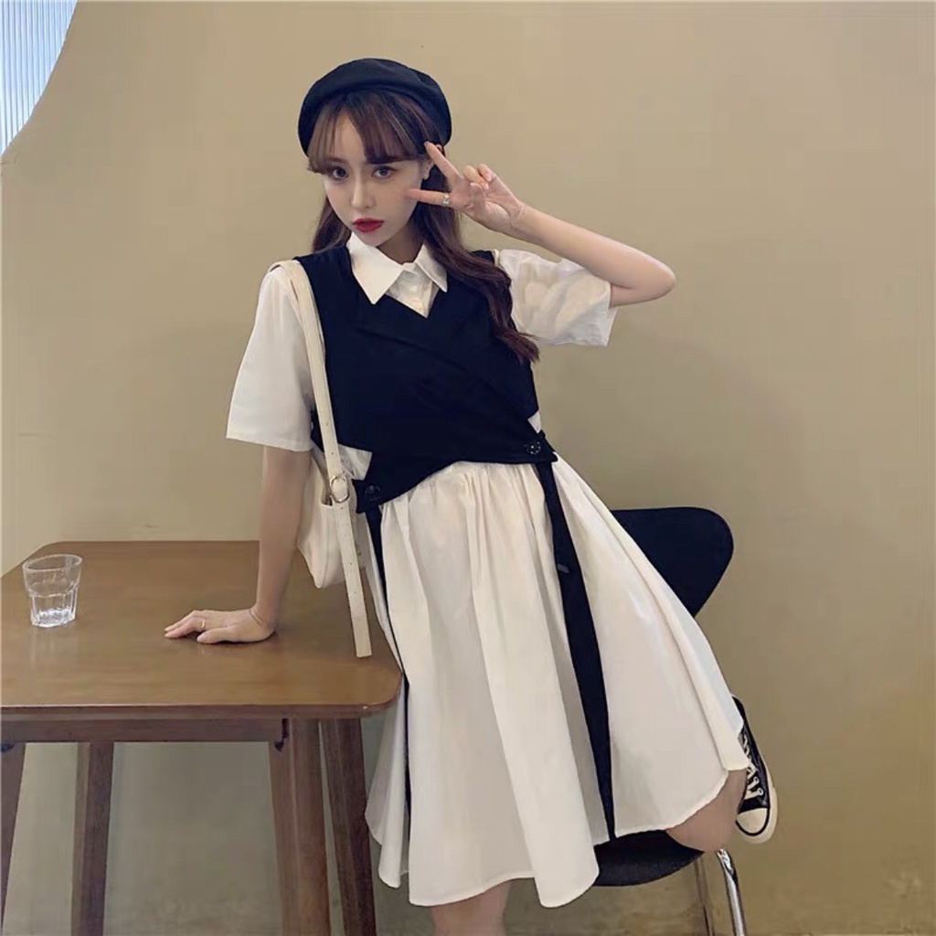 Set Váy Sơmi Trắng Babydoll Áo Gile Cột Dây Ghi-lê Đen Ulzzang - Set Áo Sơ Mi Tay Ngắn Dáng Rộng + Chân Váy Thiết Kế