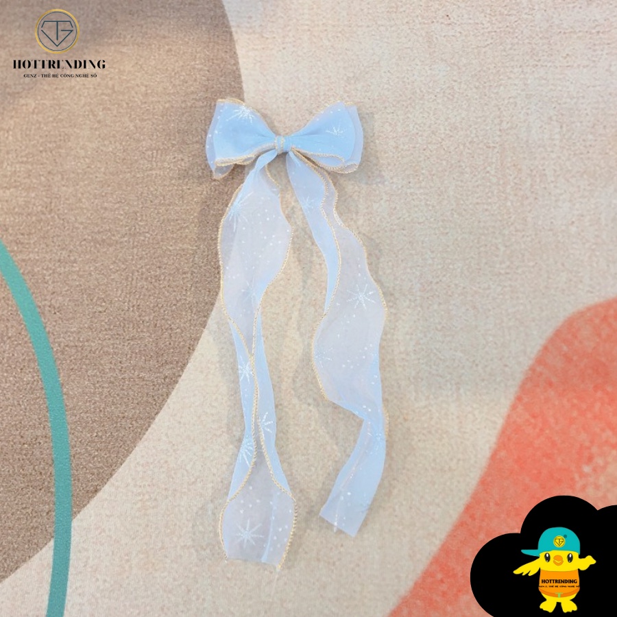 Kẹp nơ vải voan dài hoạ tiết cute phong cách tiểu thư