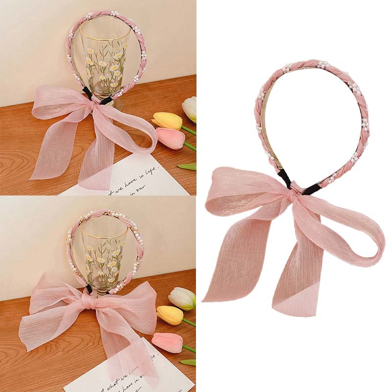 Băng Đô Cài Tóc Phối Ruy Băng Lụa Bản Rộng Màu Hồng Ngọt Ngào Phong Cách Hàn Quốc JP5