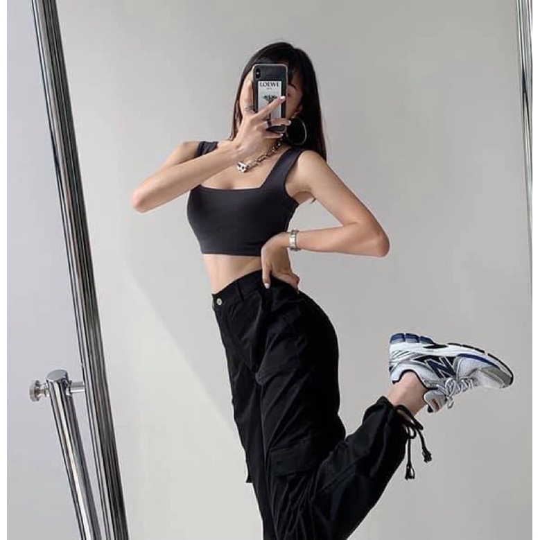 Áo croptop cổ vuông đen trắng - Áo croptop khoét nách 2 màu đen trắng freesize phom ôm chất thun co giãn