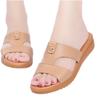  Giày Sandal Đế Mềm Gót Thấp Bằng Da Thật Thời Trang Mùa Hè Cho Nữ Trung Niên 