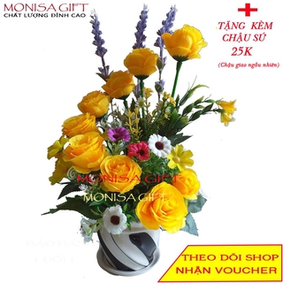Hoa Giả, Chậu hồng lụa cao cấp Monisa Gift {TẶNG Chậu Sứ 25K}- Hoa giả trang trí