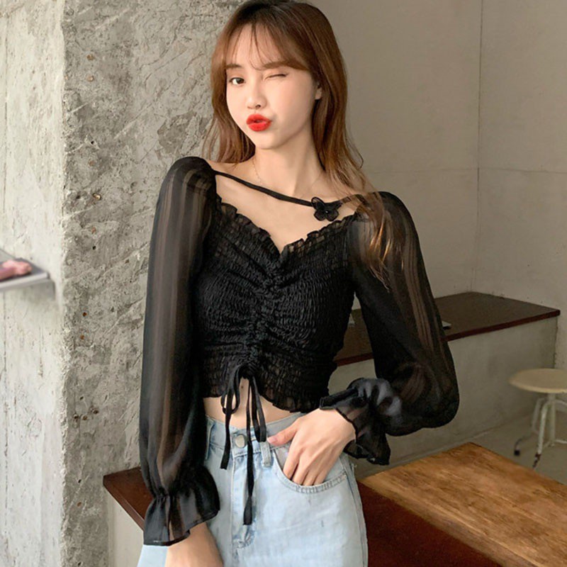 Women's Solid V Neck Butterfly Appliques Sexy Long Sleeve Chiffon Shirts Blouses