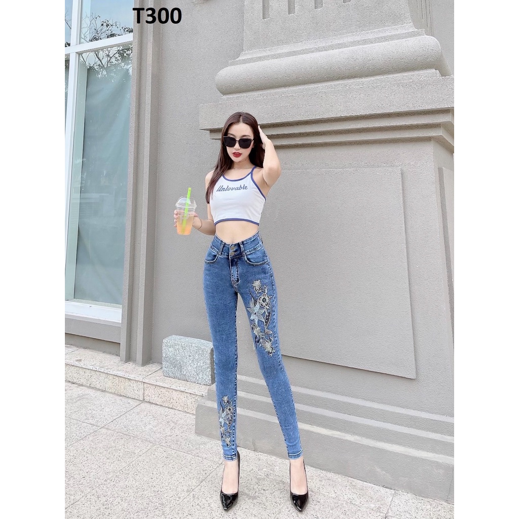 Quần jean nữ thêu hoa co giãn T300